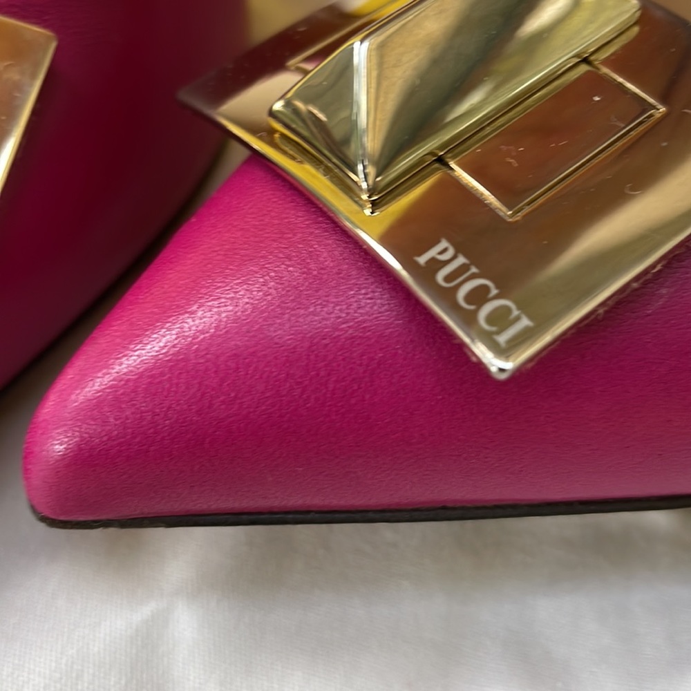 Berry color/gold Emilio Puccini leather heels in dust bag - Picture 2 of 15